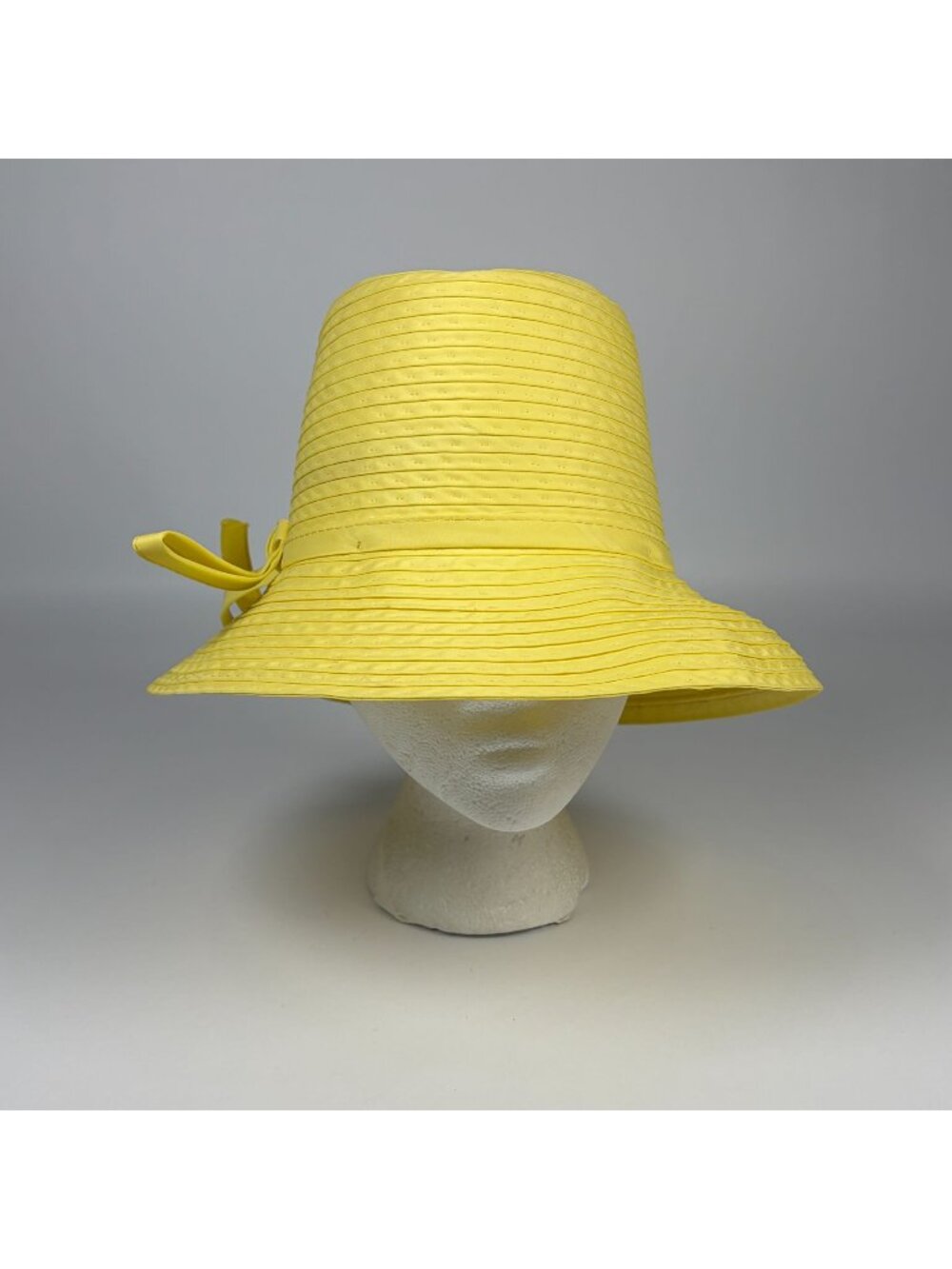 Vintage Yellow Wide Brim Bucket Sun Hat Fabric Bow Accent